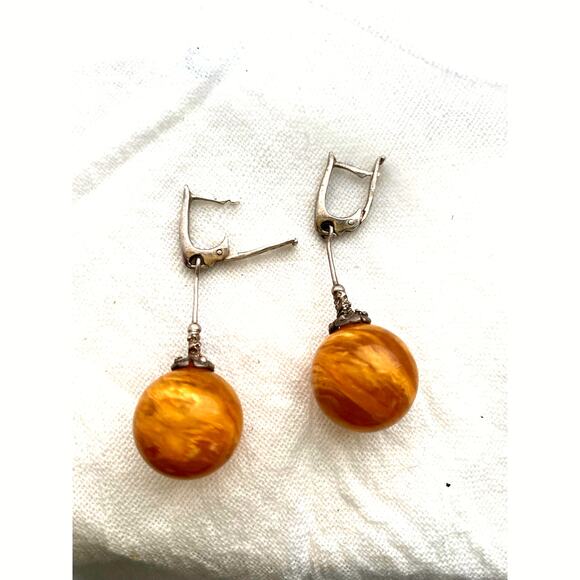 Vintage Baltic Amber Drop Earrings Honey amber Orb dangle sterling silver - Picture 4 of 9
